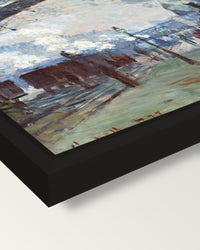 Arrival of the Normandy Train framed canvas, corner close-up: a black floating frame with a shadow gap round the canvas