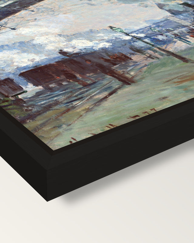 Arrival of the Normandy Train framed canvas, corner close-up: a black floating frame with a shadow gap round the canvas