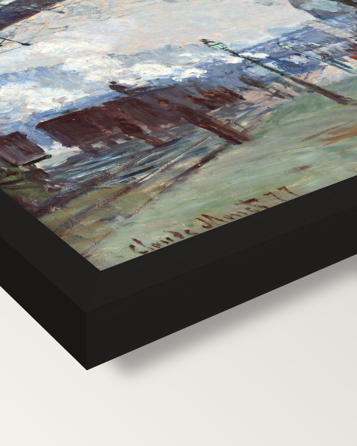Arrival of the Normandy Train framed print, corner close-up: black moulding, mitred, the print set just below its edge