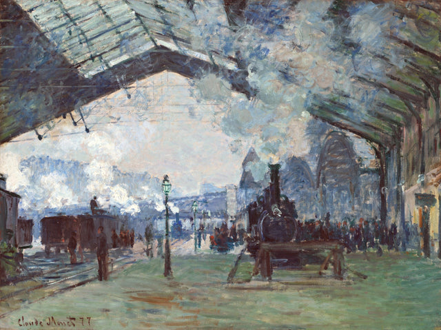 Arrival of the Normandy Train by Claude Monet: a locomotive pulling into a glass-roofed Paris station in clouds of blue steam