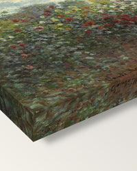 The Artist’s Garden in Argenteuil by Monet on stretched canvas, corner close-up: the painting mirror-wrapped round the sides
