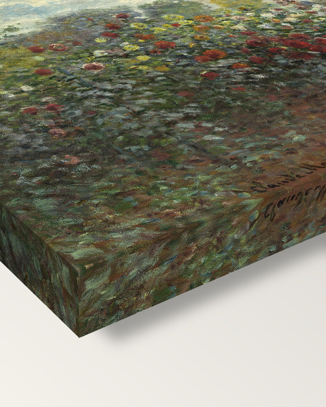 The Artist’s Garden in Argenteuil by Monet on stretched canvas, corner close-up: the painting mirror-wrapped round the sides