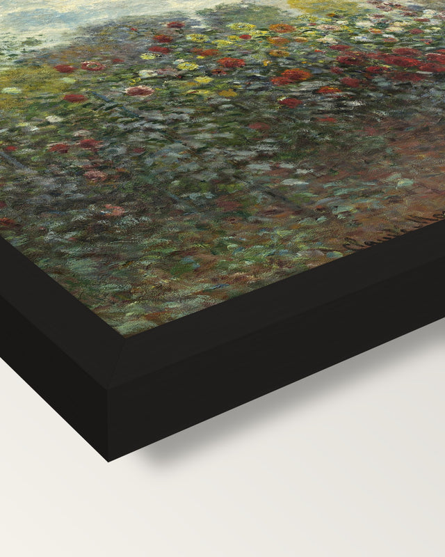 The Artist’s Garden in Argenteuil framed print, corner close-up: black moulding, mitred, the print set just below its edge