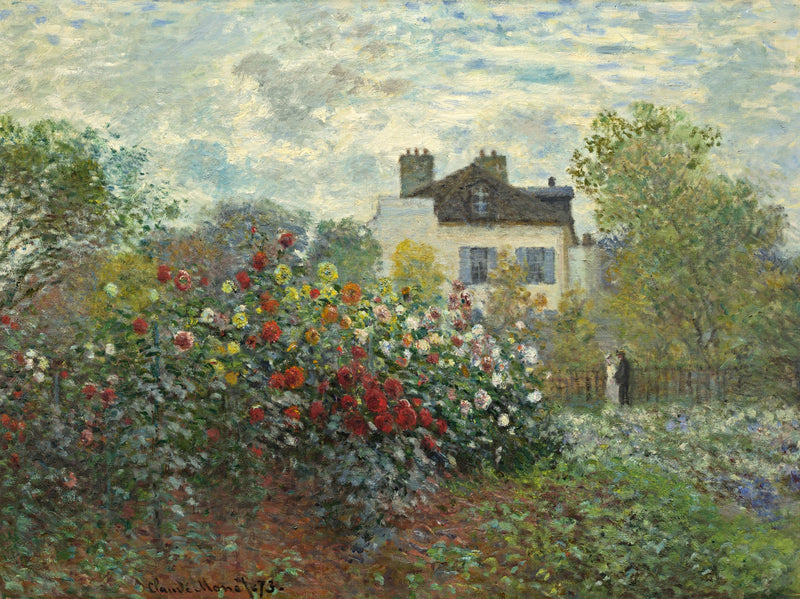 The Artist’s Garden in Argenteuil by Claude Monet: red and pink dahlias in front of a white house under a cloudy summer sky
