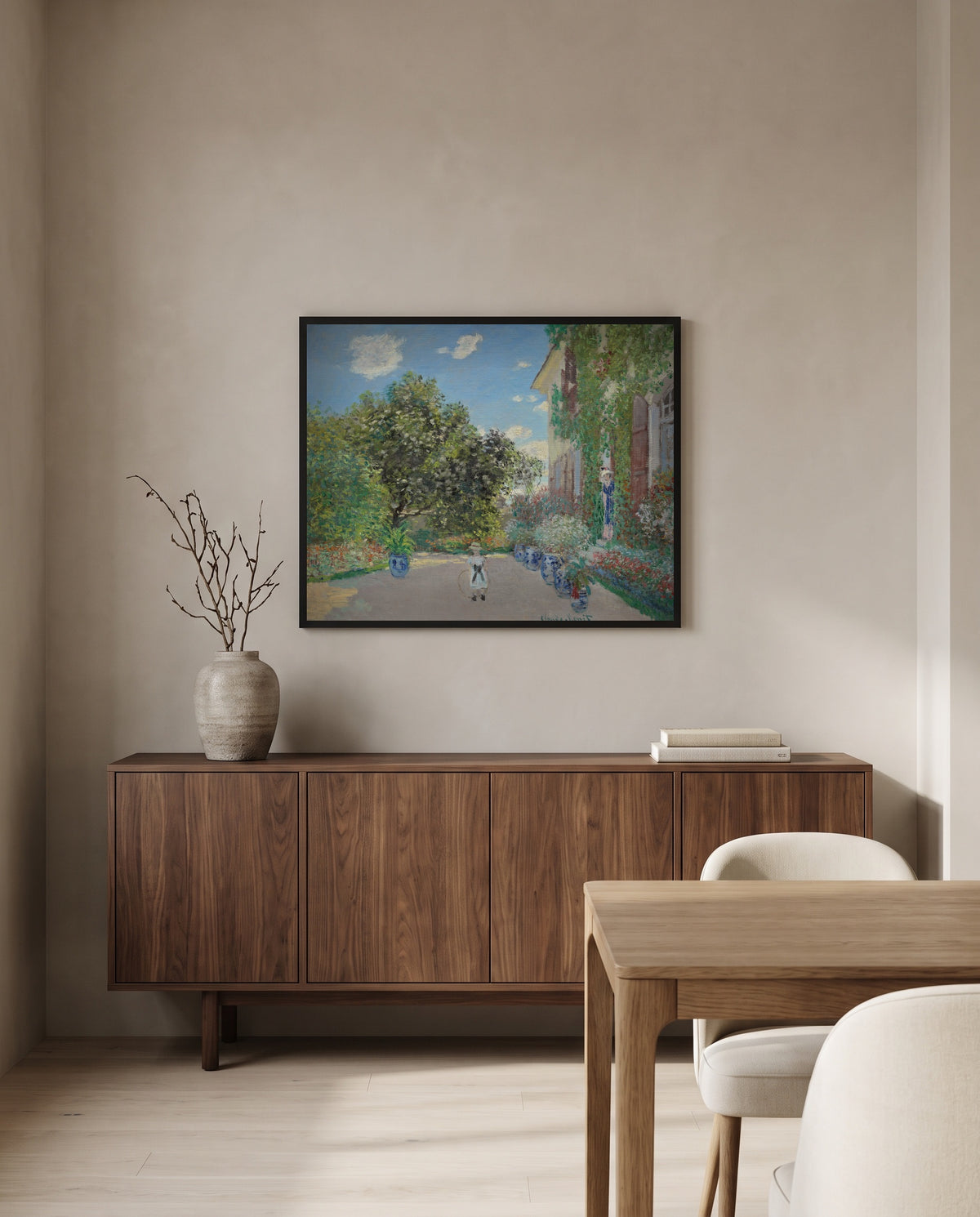 The Artist’s House at Argenteuil by Claude Monet in a black frame above a walnut sideboard in a dining room