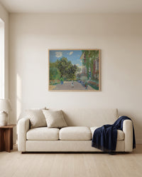 The Artist’s House at Argenteuil by Claude Monet framed in natural oak above a cream sofa in a warm living room