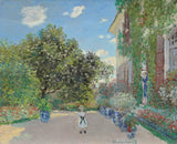 The Artist’s House at Argenteuil by Claude Monet: a boy with a hoop on a garden path, blue flower pots, a vine-covered house