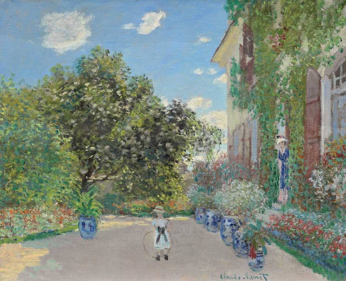 The Artist’s House at Argenteuil by Claude Monet: a boy with a hoop on a garden path, blue flower pots, a vine-covered house