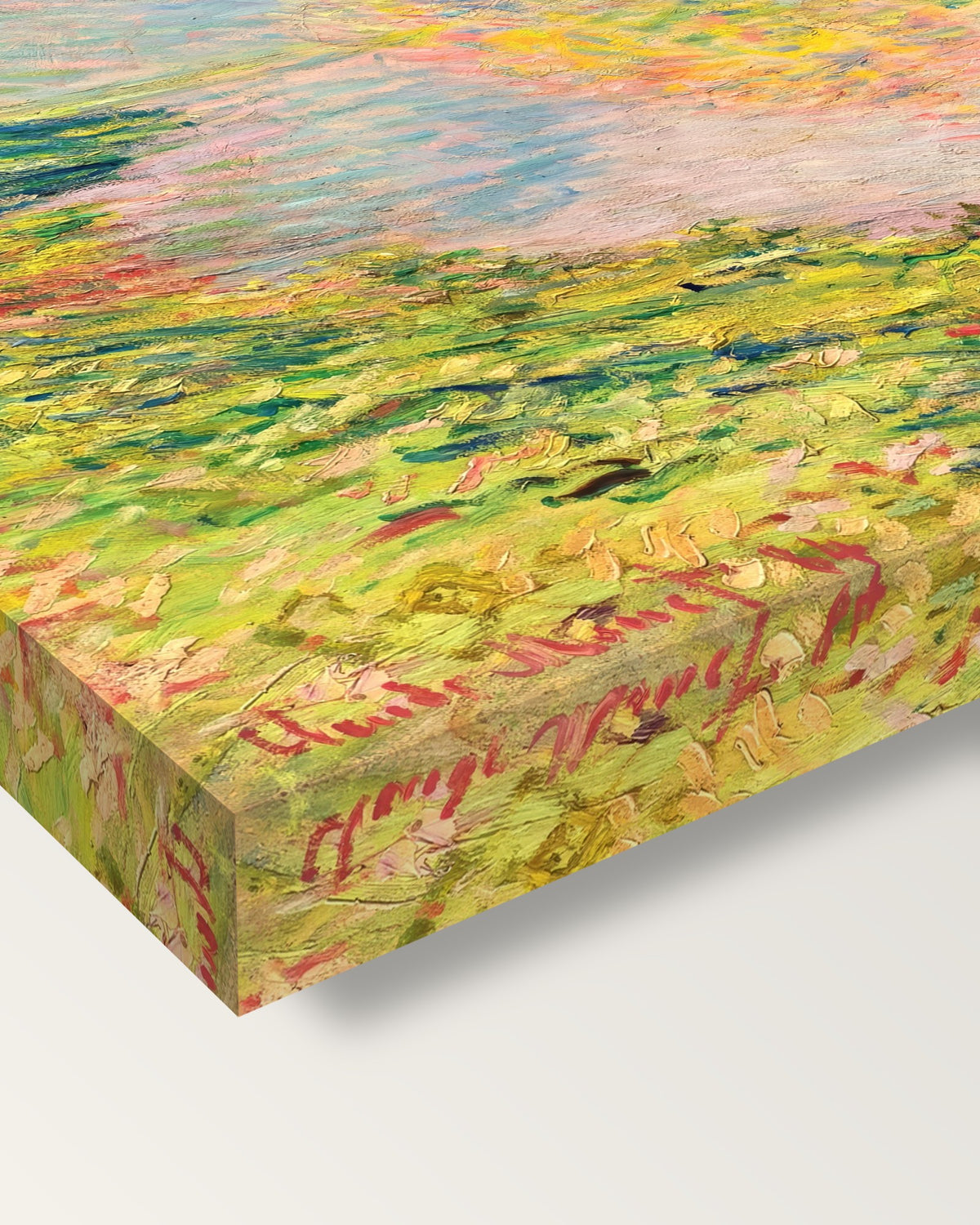 Autumn at Jeufosse by Claude Monet on stretched canvas, corner close-up: the painting mirror-wrapped round the sides