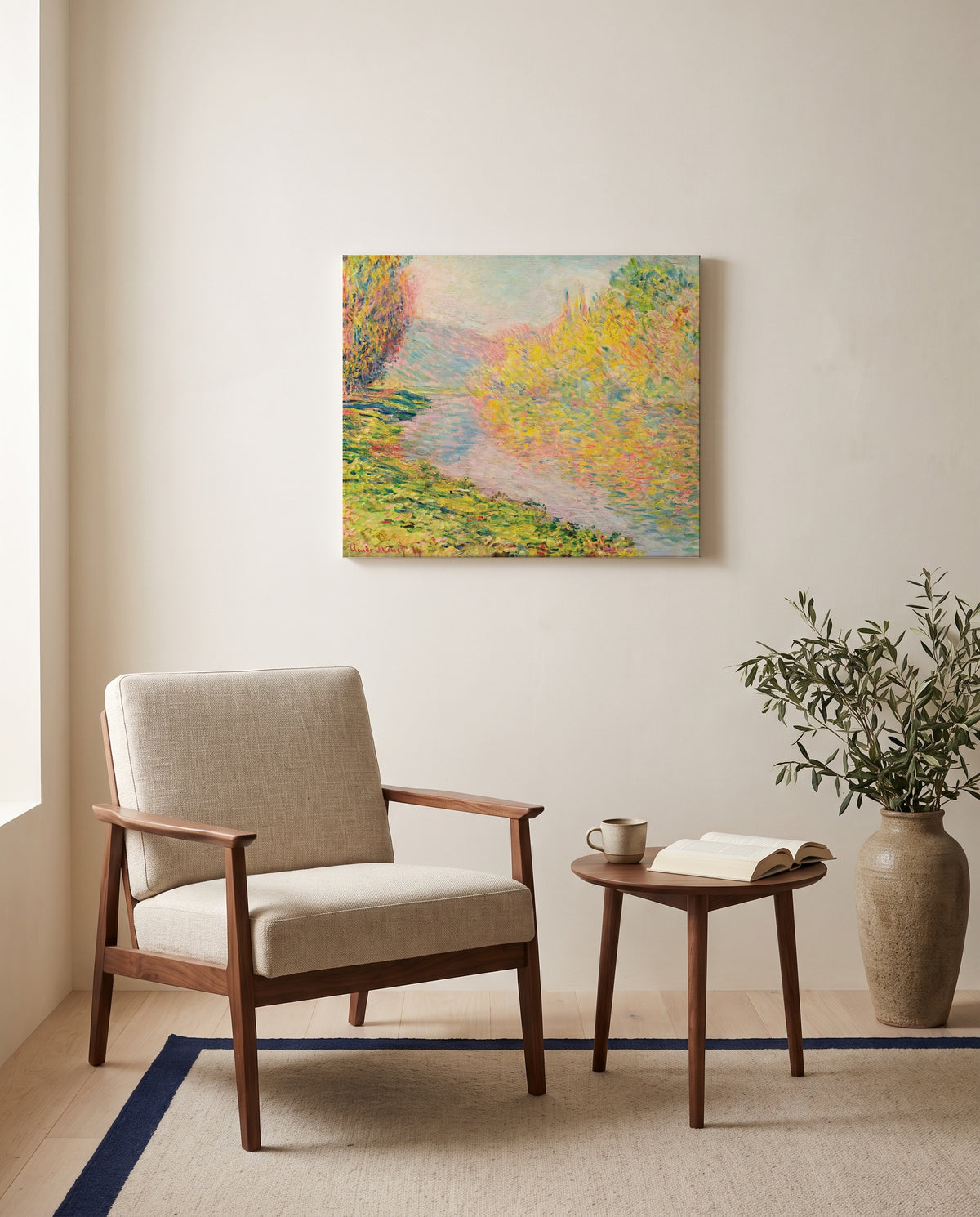 Autumn at Jeufosse by Claude Monet as a stretched canvas above a linen lounge chair in a reading corner