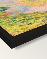 Autumn at Jeufosse by Claude Monet framed canvas, corner close-up: a black floating frame with a shadow gap round the canvas