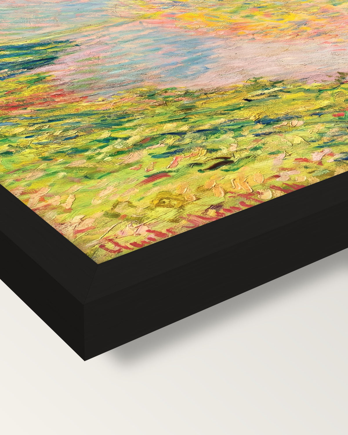 Autumn at Jeufosse by Claude Monet framed print, corner close-up: black moulding, mitred, the print set just below its edge