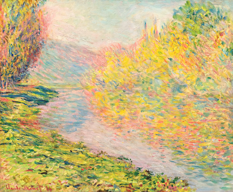 Autumn at Jeufosse by Claude Monet: golden and orange trees along the Seine, mirrored in calm water under a pale sky