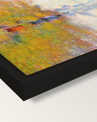 Autumn on the Seine by Claude Monet framed canvas, corner close-up: a black floating frame with a shadow gap round the canvas