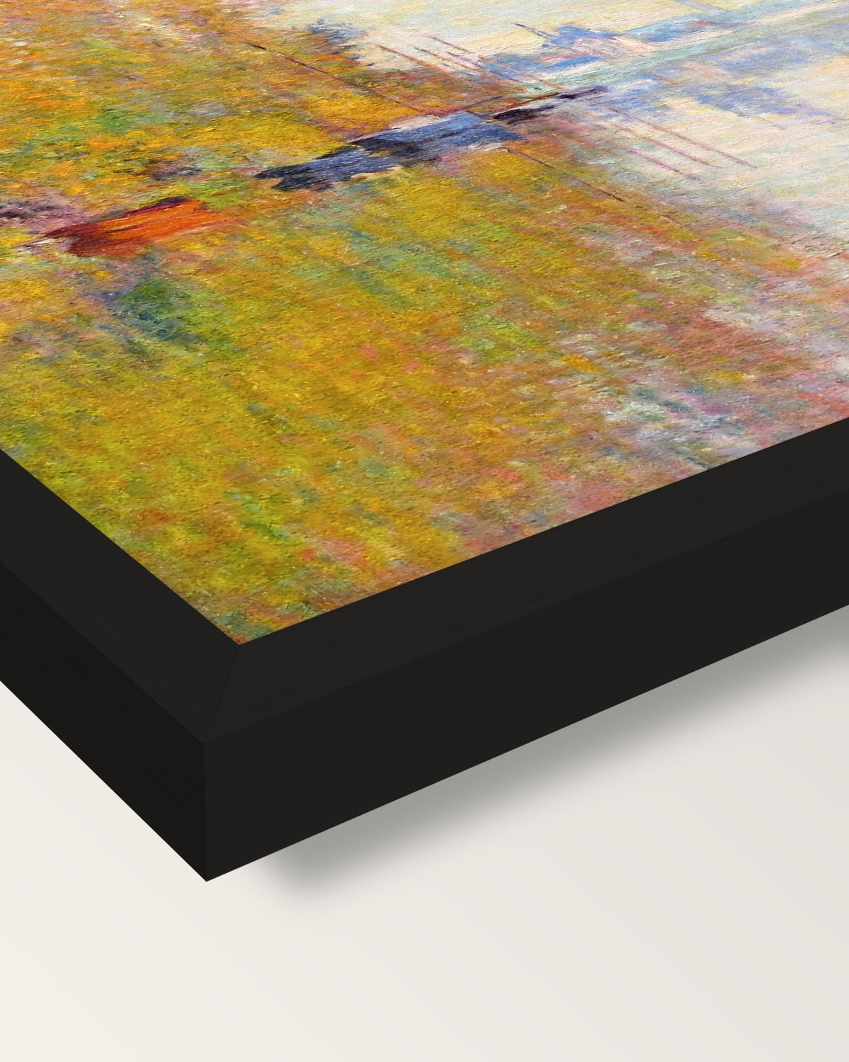 Autumn on the Seine by Claude Monet framed print, corner close-up: black moulding, mitred, the print set just below its edge