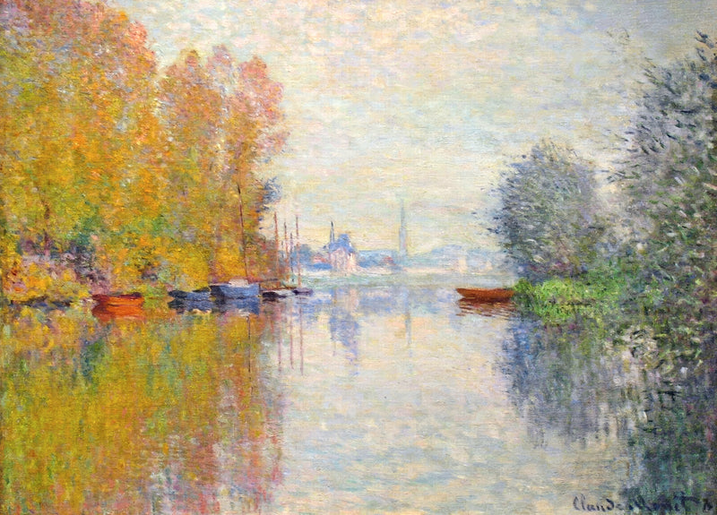 Autumn on the Seine by Claude Monet: golden and orange trees mirrored in a still river, a distant town under a pale sky