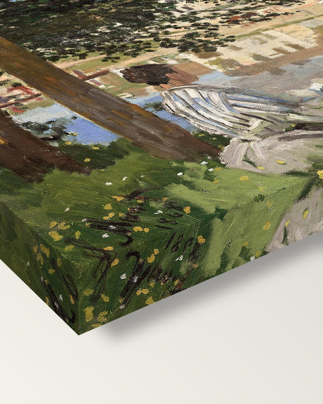Bank of the Seine, Bennecourt by Monet on stretched canvas, corner close-up: the painting mirror-wrapped round the sides