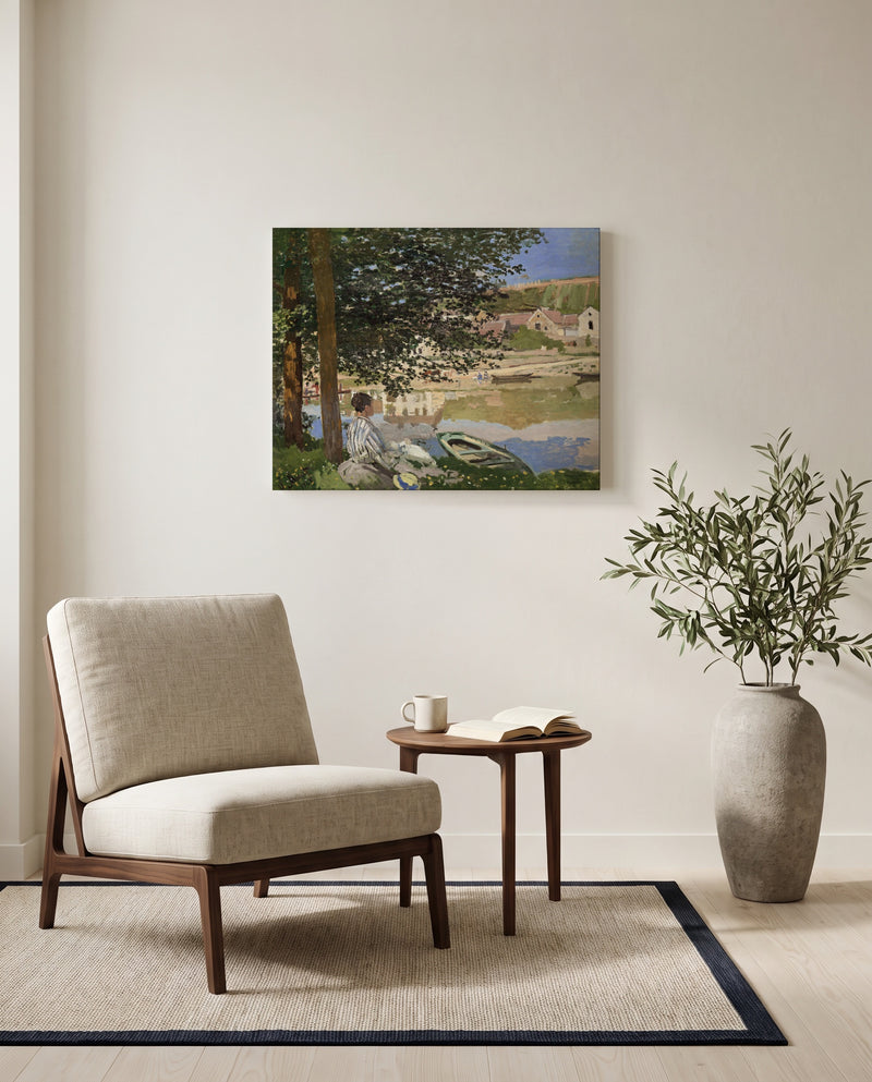 Bank of the Seine, Bennecourt by Claude Monet as a stretched canvas above a linen lounge chair in a reading corner