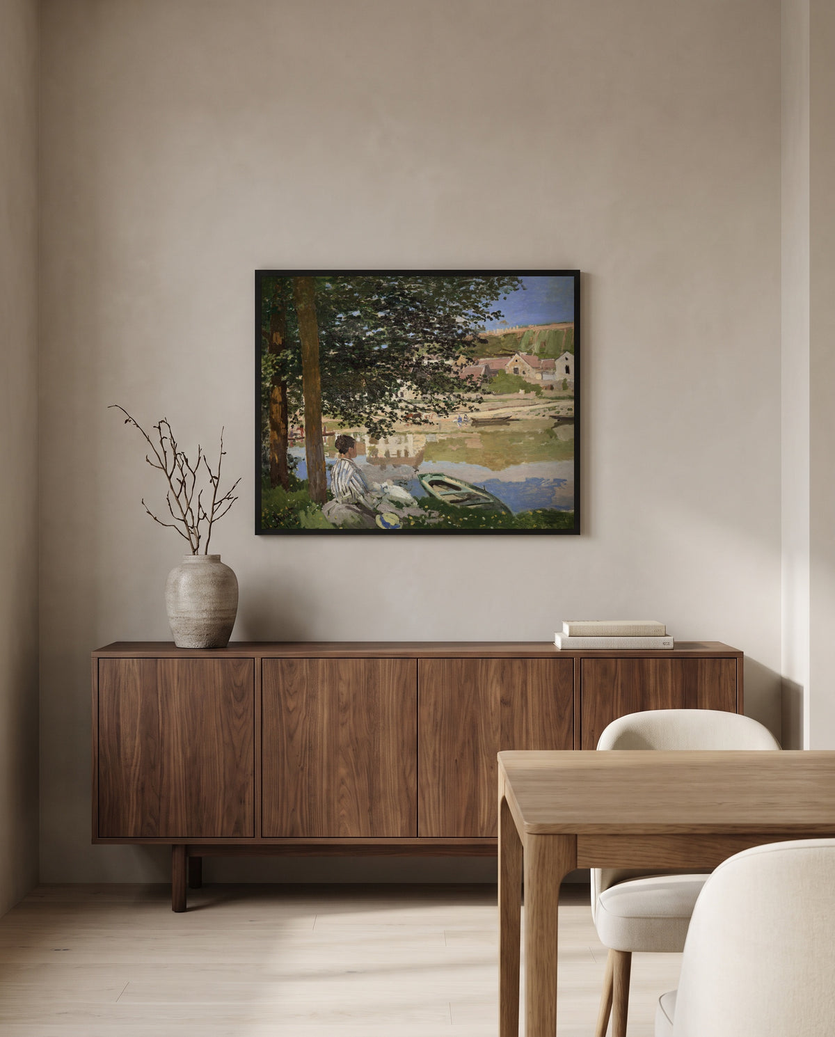 Bank of the Seine, Bennecourt by Claude Monet in a black frame above a walnut sideboard in a dining room