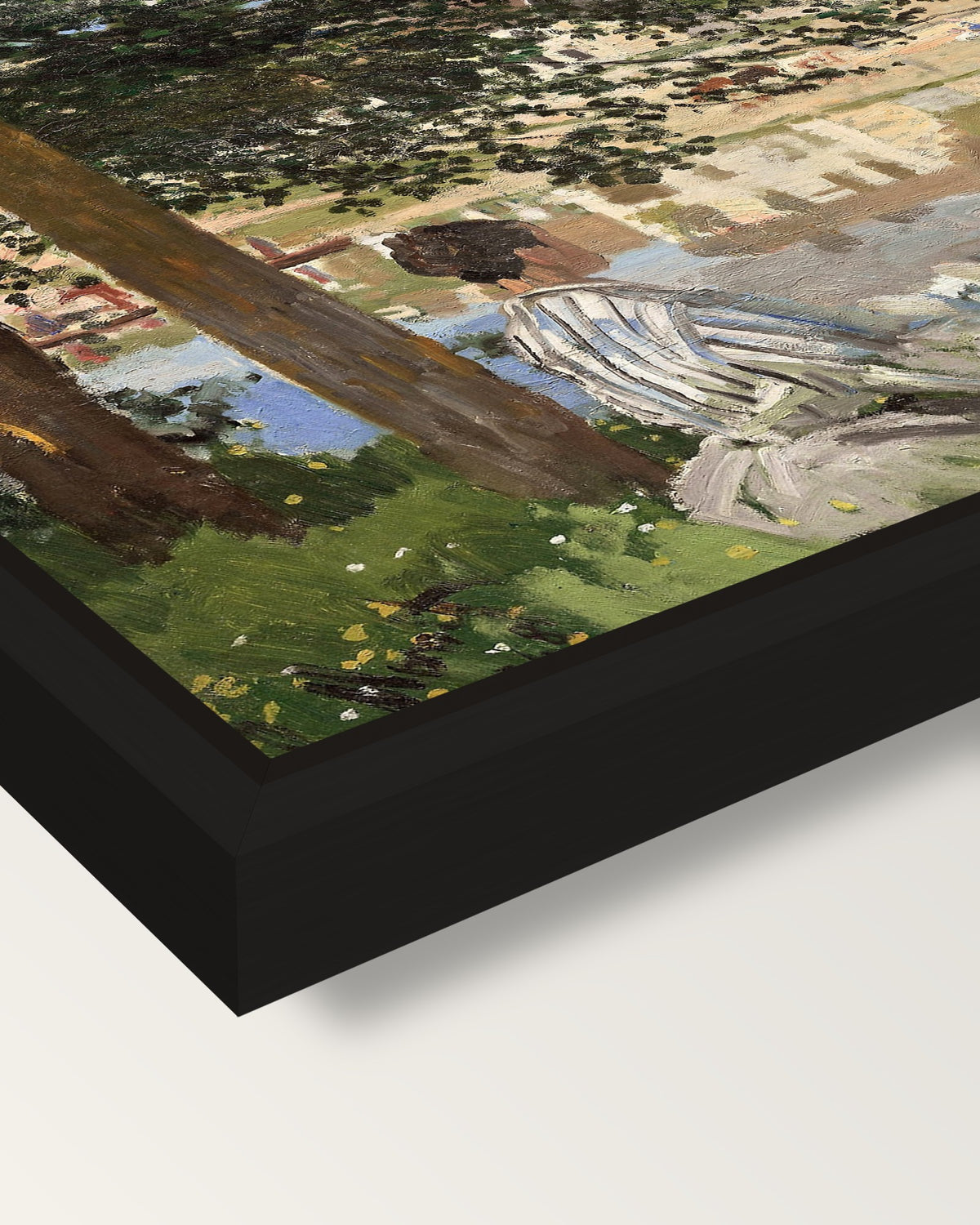 Bank of the Seine, Bennecourt framed canvas, corner close-up: a black floating frame with a shadow gap round the canvas
