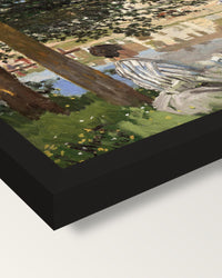 Bank of the Seine, Bennecourt framed print, corner close-up: black moulding, mitred, the print set just below its edge