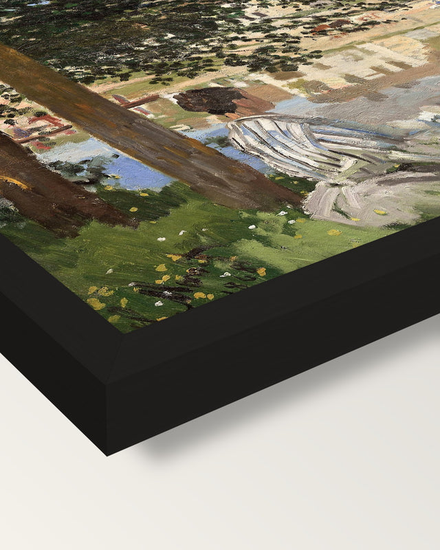 Bank of the Seine, Bennecourt framed print, corner close-up: black moulding, mitred, the print set just below its edge