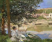 On the Bank of the Seine, Bennecourt by Claude Monet: a woman in white under trees by a river, a village reflected opposite