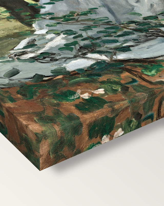 Bazille and Camille by Claude Monet on stretched canvas, corner close-up: the painting mirror-wrapped round the sides