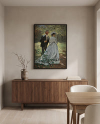 Bazille and Camille by Claude Monet in a black frame above a walnut sideboard in a dining room