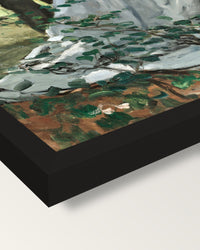 Bazille and Camille by Claude Monet framed print, corner close-up: black moulding, mitred, the print set just below its edge
