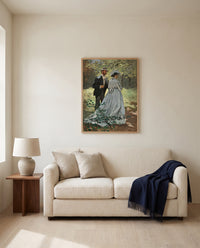 Bazille and Camille by Claude Monet framed in natural oak above a cream sofa in a warm living room