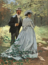 Bazille and Camille by Claude Monet: a man in a hat and a woman in a long striped dress standing in a sunlit forest