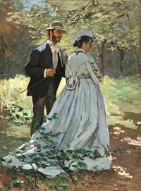 Bazille and Camille by Claude Monet: a man in a hat and a woman in a long striped dress standing in a sunlit forest