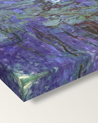Blue Water Lilies by Claude Monet on stretched canvas, corner close-up: the painting mirror-wrapped round the sides