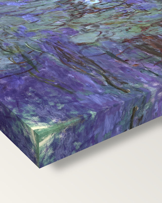 Blue Water Lilies by Claude Monet on stretched canvas, corner close-up: the painting mirror-wrapped round the sides