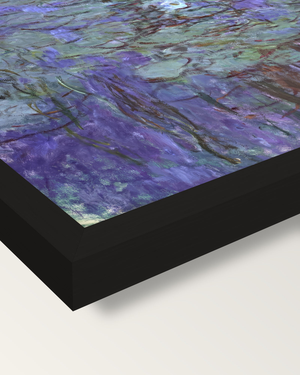 Blue Water Lilies by Claude Monet framed print, corner close-up: black moulding, mitred, the print set just below its edge