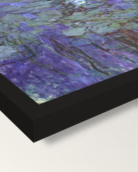 Blue Water Lilies by Claude Monet framed print, corner close-up: black moulding, mitred, the print set just below its edge