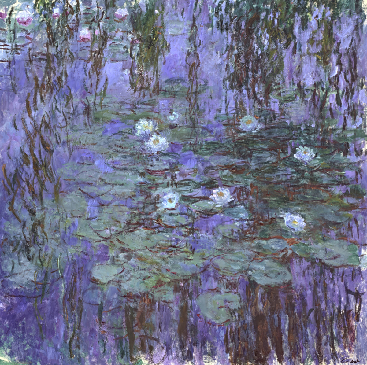 Blue Water Lilies by Claude Monet: green lily pads and white flowers on blue and violet water with reflections of willows