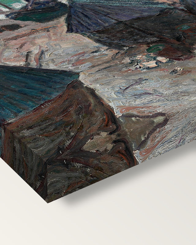 Boats on the Beach at Étretat by Monet on stretched canvas, corner close-up: the painting mirror-wrapped round the sides
