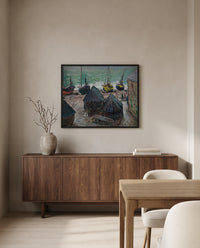Boats on the Beach at Étretat by Claude Monet in a black frame above a walnut sideboard in a dining room