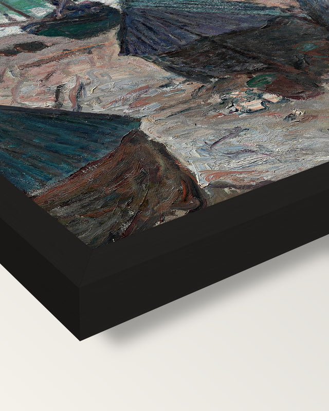 Boats on the Beach at Étretat framed print, corner close-up: black moulding, mitred, the print set just below its edge