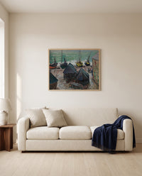 Boats on the Beach at Étretat by Claude Monet framed in natural oak above a cream sofa in a warm living room