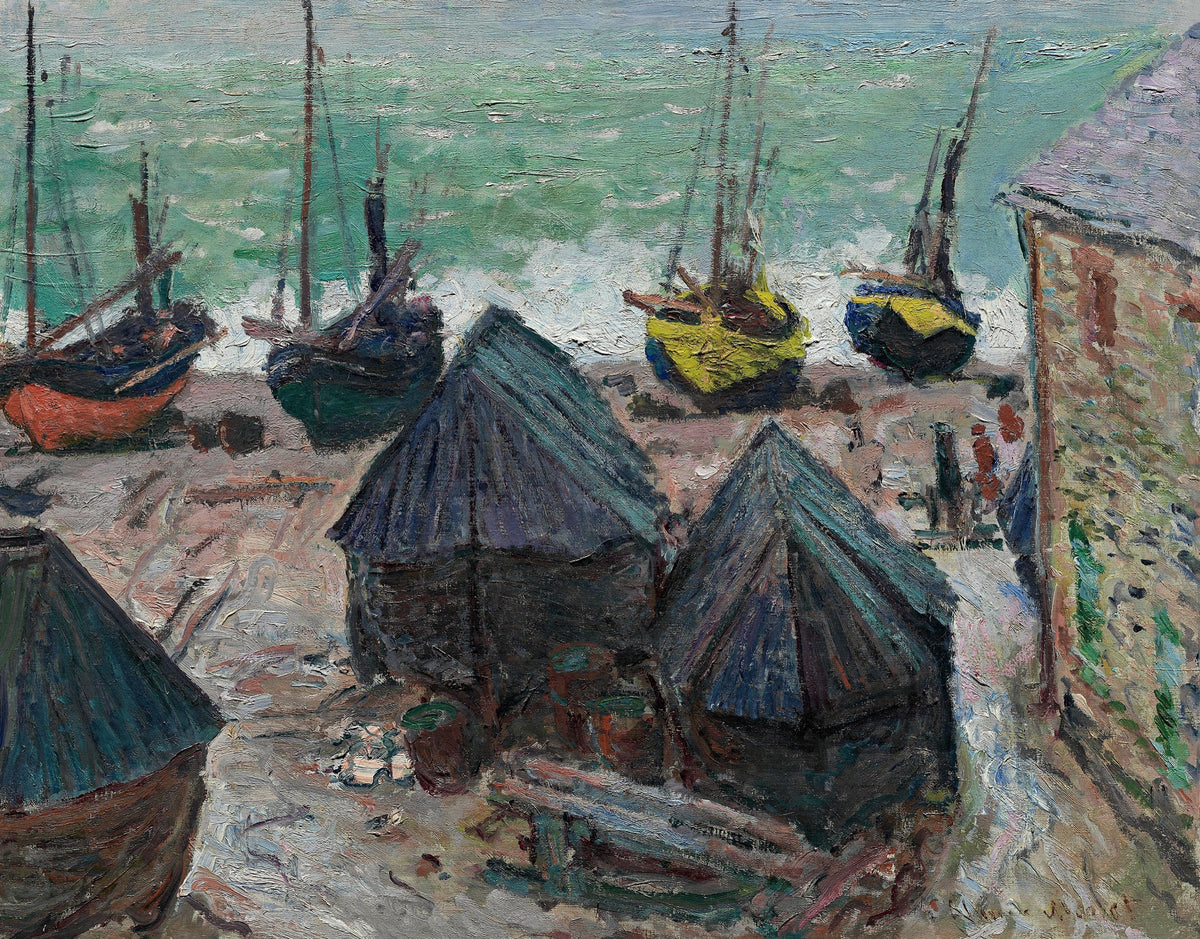Boats on the Beach at Étretat by Claude Monet: old boats with peaked roofs on a wet beach, bright hulls and a green sea