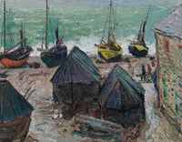 Boats on the Beach at Étretat by Claude Monet: old boats with peaked roofs on a wet beach, bright hulls and a green sea