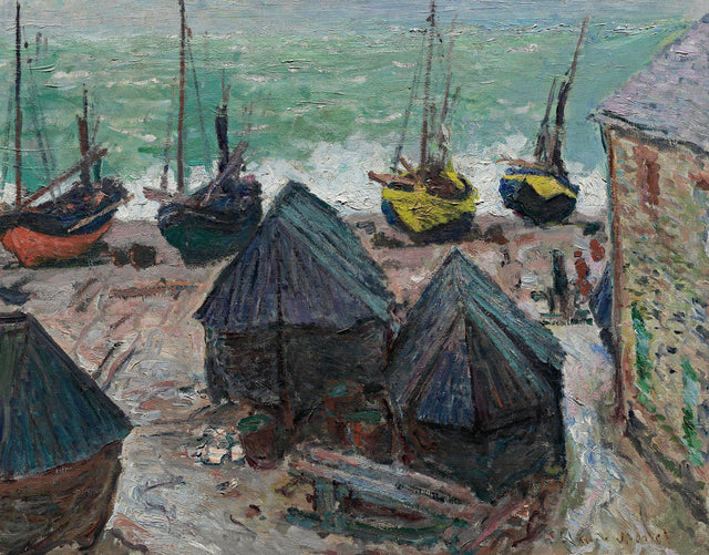 Boats on the Beach at Étretat by Claude Monet: old boats with peaked roofs on a wet beach, bright hulls and a green sea