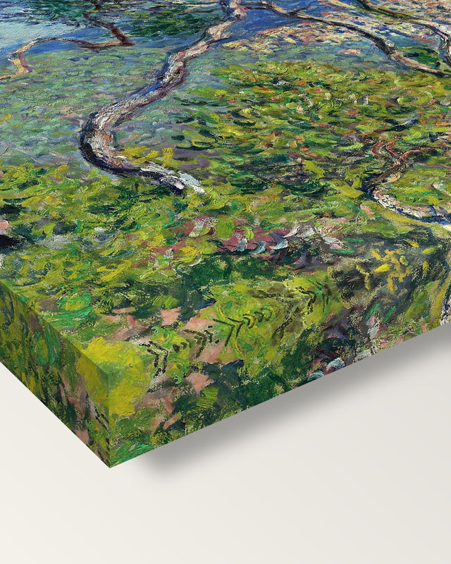Bordighera by Claude Monet on stretched canvas, corner close-up: the painting mirror-wrapped round the sides