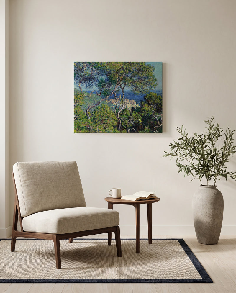 Bordighera by Claude Monet as a stretched canvas above a linen lounge chair in a reading corner