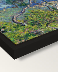 Bordighera by Claude Monet framed canvas, corner close-up: a black floating frame with a shadow gap round the canvas