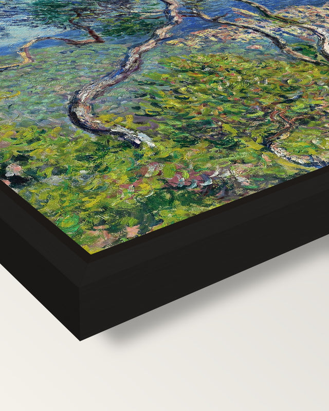 Bordighera by Claude Monet framed canvas, corner close-up: a black floating frame with a shadow gap round the canvas