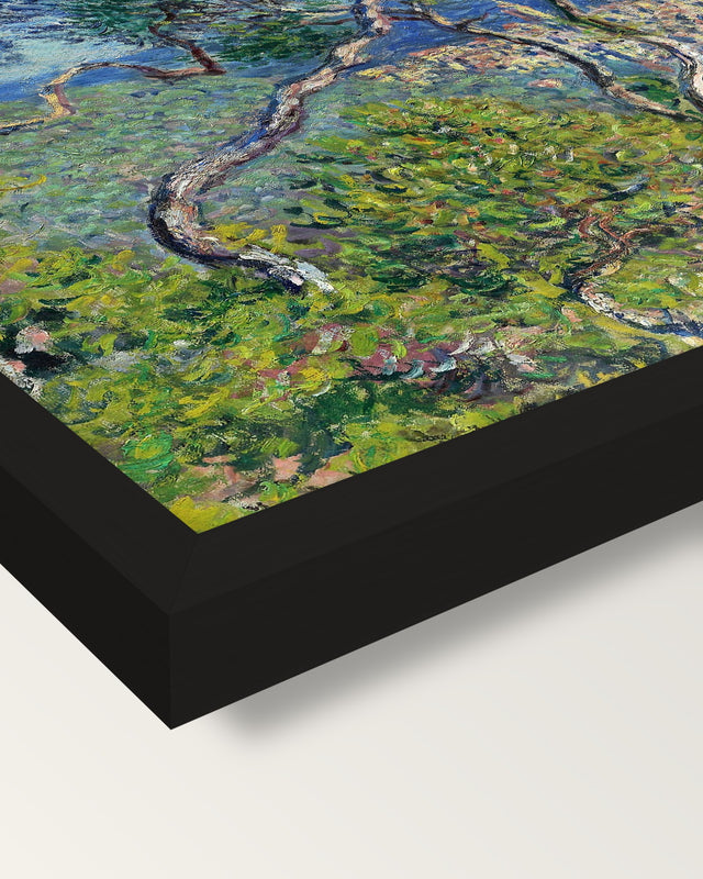 Bordighera by Claude Monet framed print, corner close-up: black moulding, mitred, the print set just below its edge